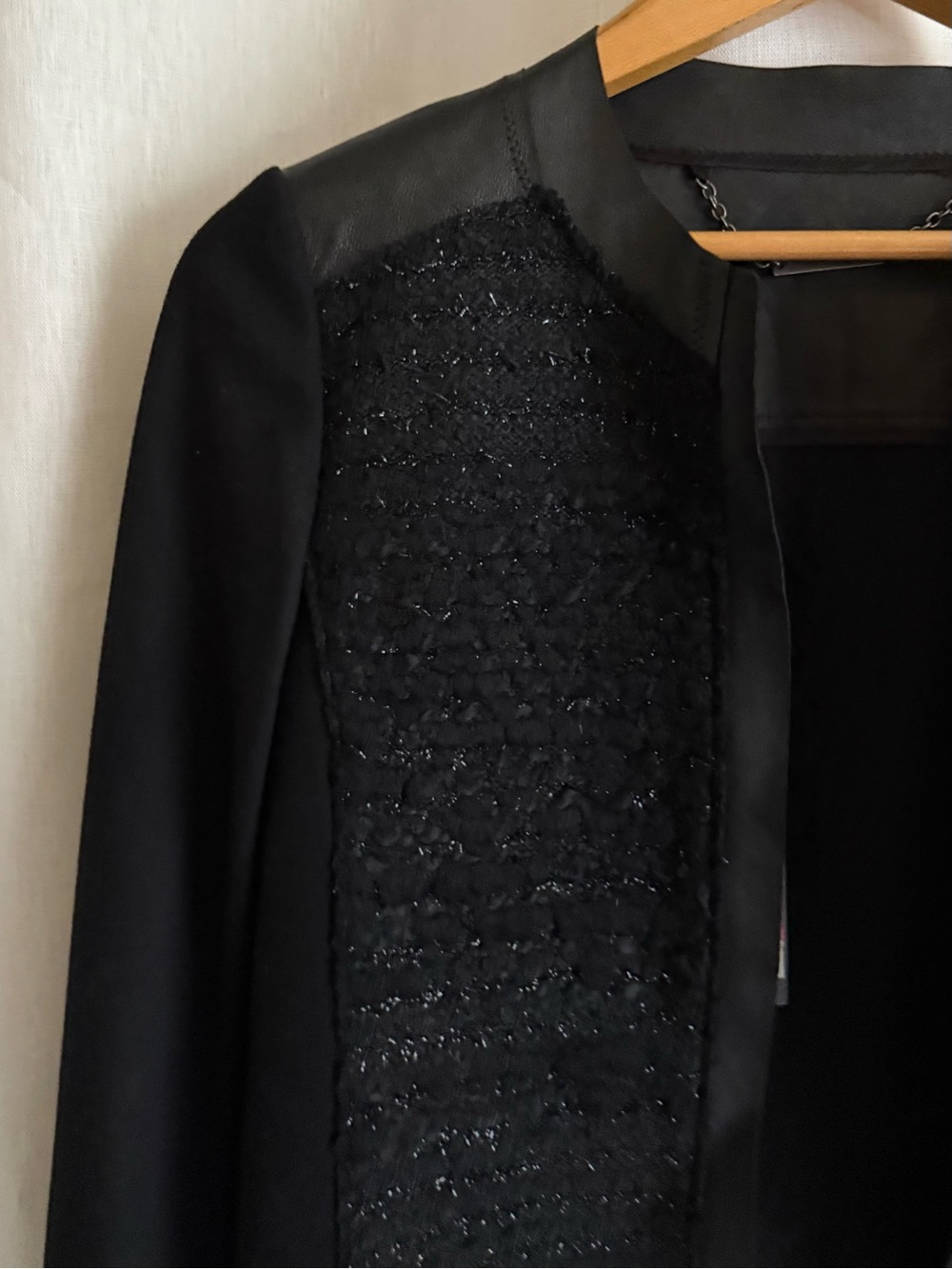 NWT Elie Tahari Pearson Jacket S Black Wool Lamb Leather Tweed Cropped